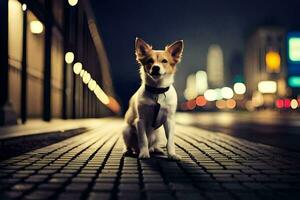 a dog sitting on a brick walkway at night. AI-Generated photo