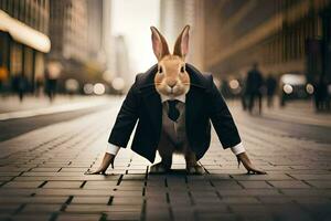 un Conejo en un traje y Corbata en pie en el calle. generado por ai foto