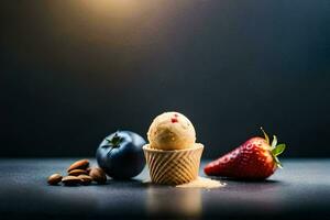 an ice cream cone with strawberries and almonds. AI-Generated photo