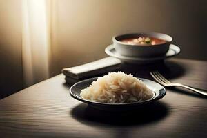 a bowl of rice and a cup of soup sit on a table. AI-Generated photo
