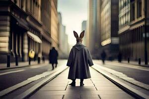 a rabbit wearing a coat and hat stands on a street. AI-Generated photo