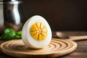 a hard boiled egg on a wooden cutting board. AI-Generated photo