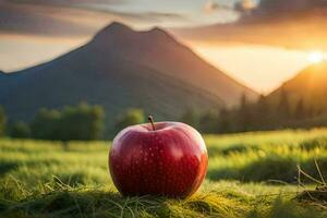 a red apple in the mountains. AI-Generated photo