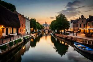 un canal en un ciudad a puesta de sol. generado por ai foto