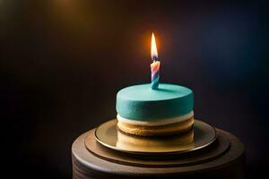 blue birthday cake with a single candle. AI-Generated photo