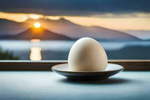 egg on a plate with mountains in the background. AI-Generated photo