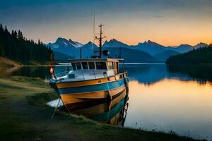 a boat docked at the shore of a lake at sunset. AI-Generated photo