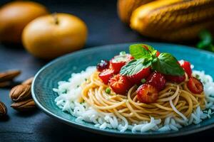 spaghetti with tomatoes and basil on a plate. AI-Generated photo