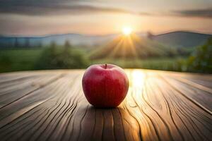 red apple on a wooden table in front of the sunset. AI-Generated photo