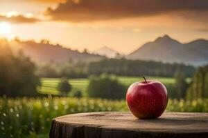 un rojo manzana en un tocón en el medio de un campo. generado por ai foto