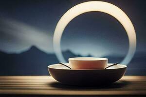 a cup of coffee sits on a table in front of a ring. AI-Generated photo