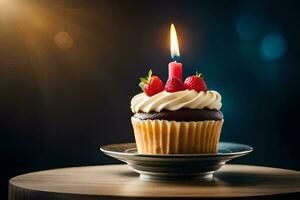 a cupcake with a single candle on top. AI-Generated photo