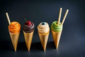 four ice cream cones with different flavors. AI-Generated photo