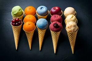 a row of ice cream cones with different flavors. AI-Generated photo