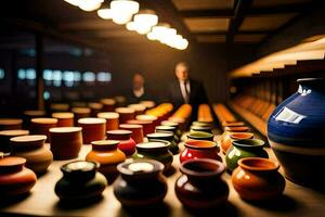 a man in a suit is standing in front of a room full of vases. AI-Generated photo