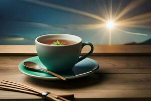 the sun is shining on the cup of tea. AI-Generated photo