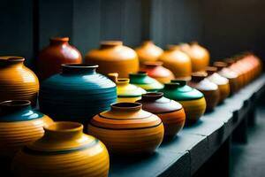 a row of colorful vases on a shelf. AI-Generated photo