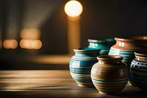 ceramic vases on a wooden table. AI-Generated photo