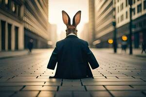 a rabbit wearing a suit and tie sitting on the ground. AI-Generated photo