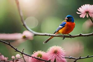 a colorful bird sits on a branch with pink flowers. AI-Generated photo
