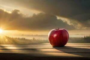 an apple sits on a wooden table in front of a sunset. AI-Generated photo