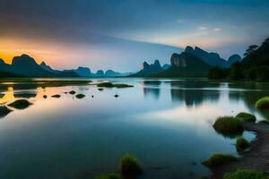 the sun sets over the mountains and water in china. AI-Generated photo