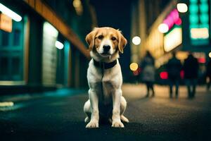 a dog sitting on the street at night. AI-Generated photo