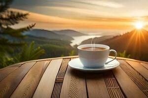 a cup of coffee on a wooden table in front of a beautiful mountain view. AI-Generated photo