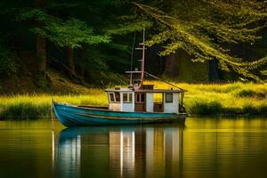 un barco en el río en el bosque. generado por ai foto