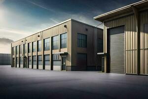 a large industrial building with two garage doors. AI-Generated photo