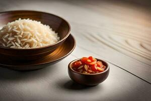 a bowl of rice and a bowl of red chili. AI-Generated photo