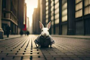 a rabbit in a suit is standing on a street. AI-Generated photo