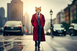 a cat wearing a red coat and tie walking down a street. AI-Generated photo