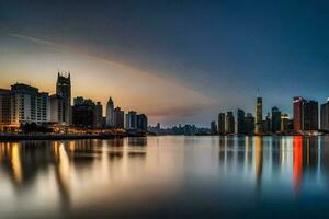 el ciudad horizonte a oscuridad en Dubái generado por ai foto