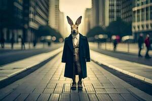 a rabbit wearing a coat and tie standing in the middle of a city street. AI-Generated photo