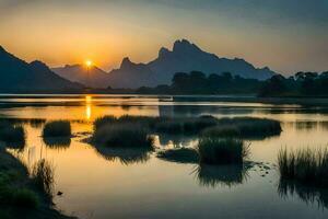 the sun rises over a lake and mountains. AI-Generated photo