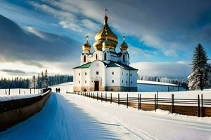 un Iglesia en el nieve. generado por ai foto