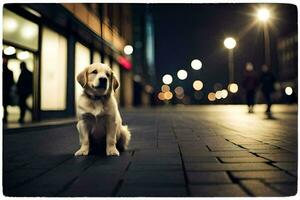 a dog sitting on the sidewalk at night. AI-Generated photo