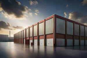 a large warehouse building with a large red door. AI-Generated photo