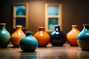 a row of colorful vases on a wooden table. AI-Generated photo