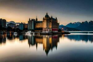 a beautiful castle sits on the water in front of mountains. AI-Generated photo