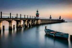 a boat sits on the pier at sunset. AI-Generated photo