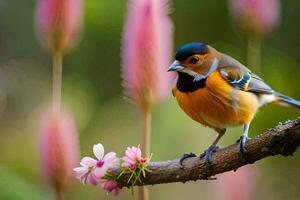 a colorful bird sits on a branch with pink flowers. AI-Generated photo