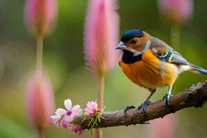 un vistoso pájaro se sienta en un rama con rosado flores generado por ai foto