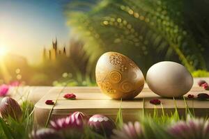 two eggs are sitting on a wooden table with flowers. AI-Generated photo