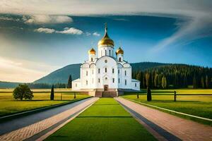 a white church with gold domes in the middle of a green field. AI-Generated photo