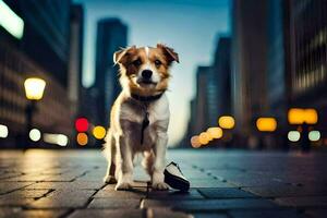 a dog standing on a street in the city. AI-Generated photo