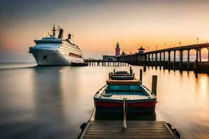 a cruise ship docked at a pier with boats. AI-Generated photo