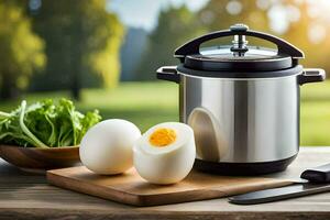 an electric pressure cooker with two eggs and a knife. AI-Generated photo