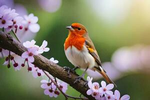 a red robin perched on a branch with pink flowers. AI-Generated photo